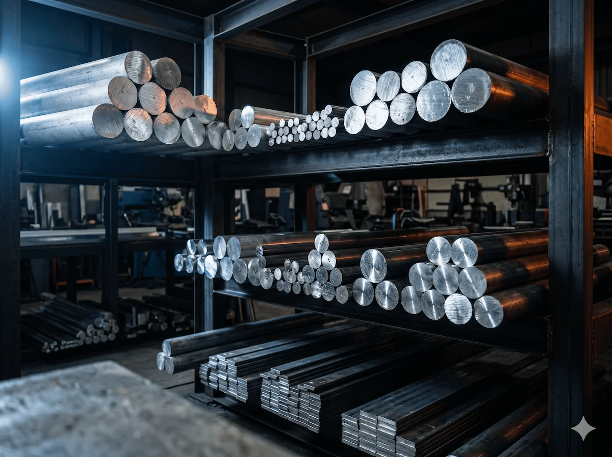 Werkstofflager mit Aluminium- und Stahl-Rundmaterial und Flachstangen ab Lager